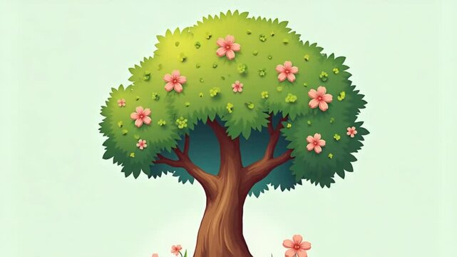 A cartoon tree with flowers and leaves