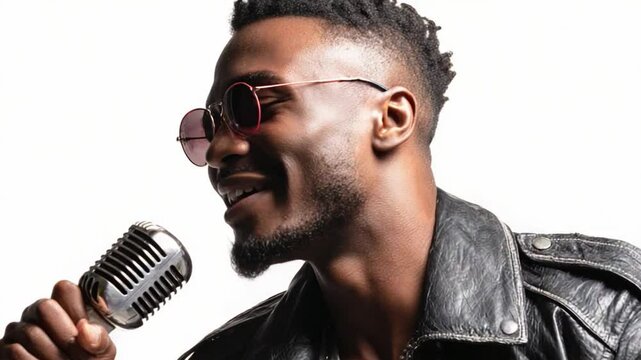 Singing Soul: A charismatic male vocalist with a warm smile, rocks a leather jacket and sunglasses while passionately singing into a vintage microphone.