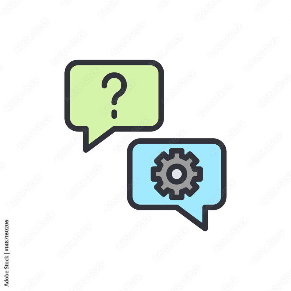 Poster conceptual communication with question mark and cogwheel speech bubbles