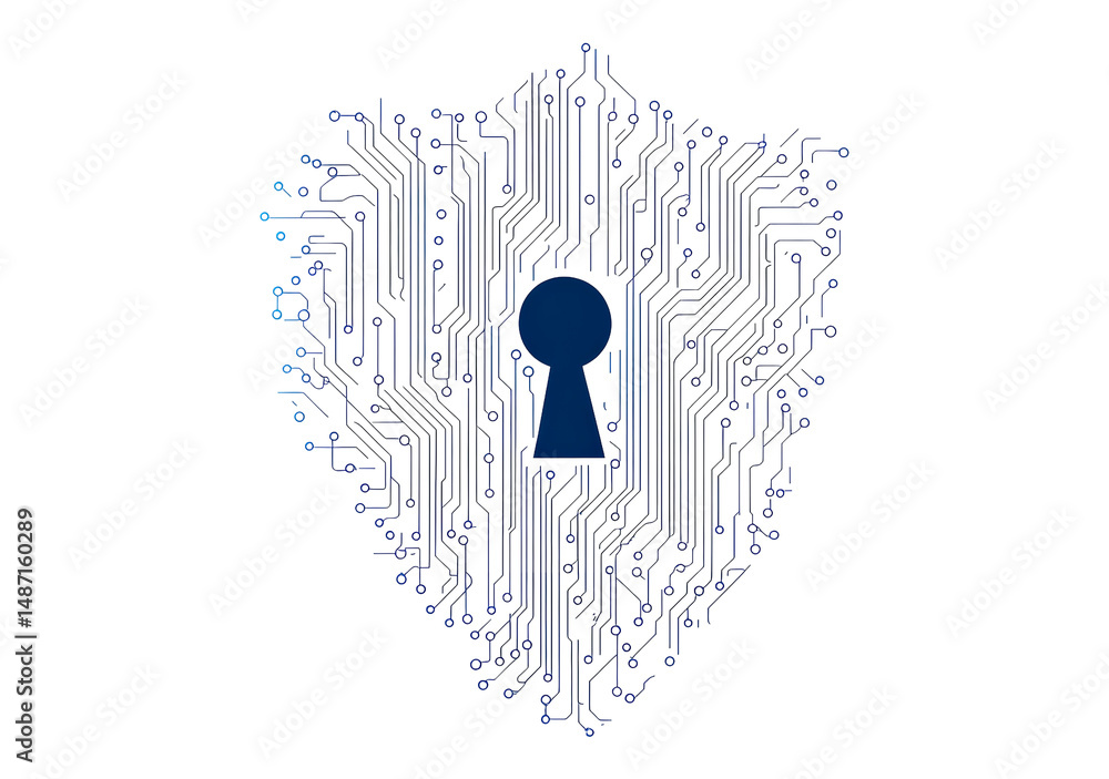 Poster digital shield with keyhole made of circuit lines representing cybersecurity and data protection iso
