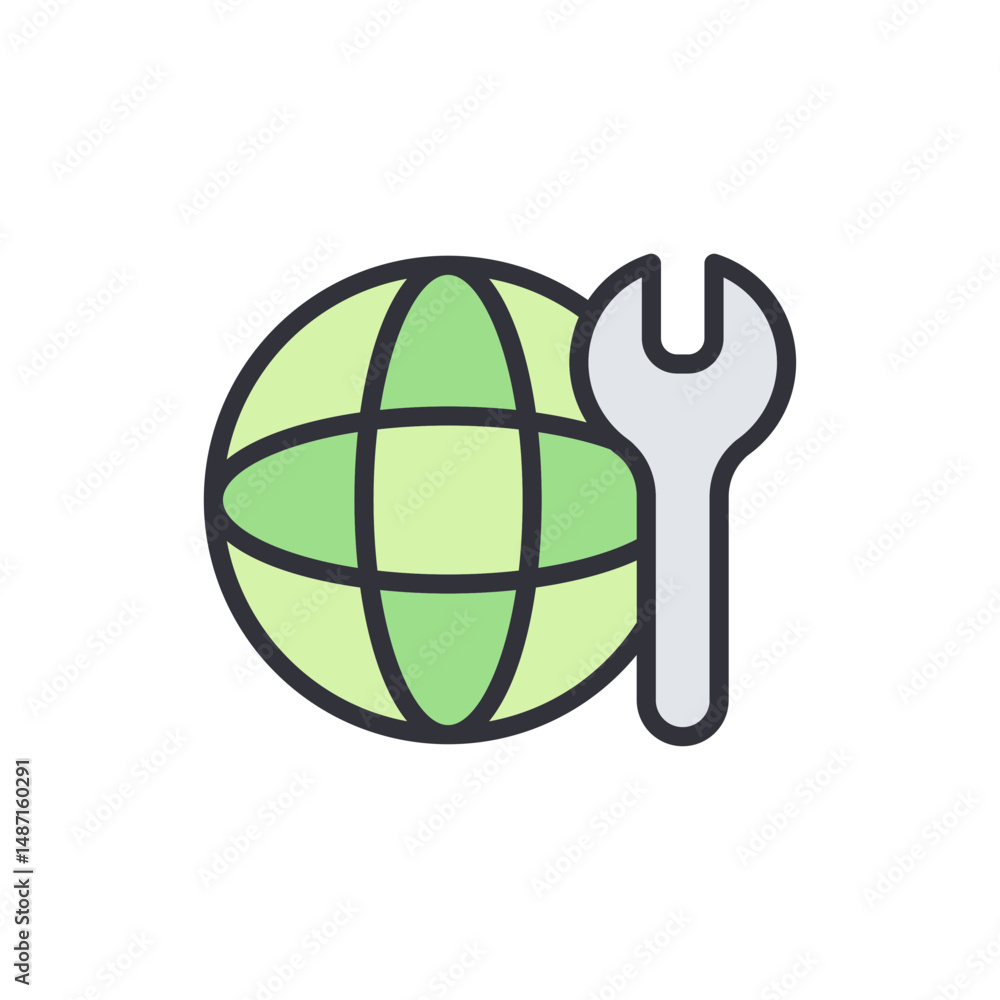 Aufkleber globe and wrench representing global configuration and maintenance