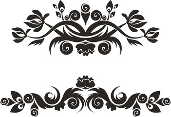 Vector Chinese ornamental floral designs set with peacock feathers, flowers, leaves, swirls. Exquisite decorative luxury designs, typical for Asian cultural tradition. Black and white vinyl-ready art.