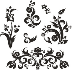 Vector Chinese ornamental floral designs set with peacock feathers, flowers, leaves, swirls. Exquisite decorative luxury designs, typical for Asian cultural tradition. Black and white vinyl-ready art.