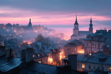 Naklejka premium Elevated view of classic European town rooftops at dawn, soft pink sunrise light, morning fog, historic charm
