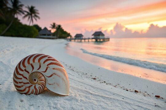 Bathed in the soft, fading light of a tropical sunset, a perfectly formed spiral seashell rests delicately on the pristine white sand. Its warm, creamy hues are accentuated by delicate stripes of redd