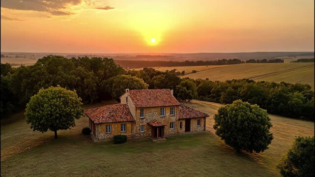 Countryside house at sunset with wide land and peaceful surroundings. 