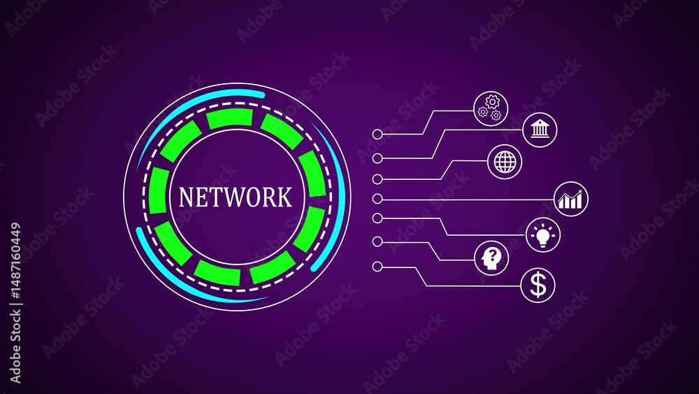 Poster modern network concept depicted with futuristic circular graphic and business icons on a deep purple