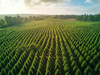 Aerial view of a pine forest tree farm with rows of trees for commercial products in South America, Brazil. Wide-angle lens, natural lighting. generative ai