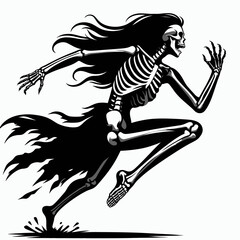 Obraz premium Skeleton jumping out to scare someone. Halloween Skull Bones Anatomy Skeletal Clipart Line Art Vector Illustration. Osseous figure leaps forth creating fright terror a sudden alarming.