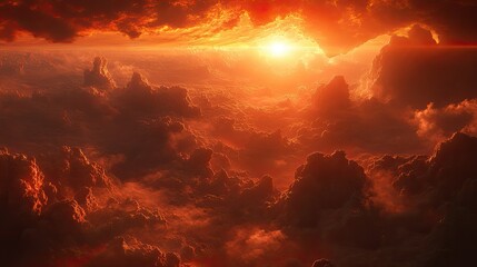 Dramatic sunset sky filled with billowing clouds illuminated in vibrant shades of orange,
