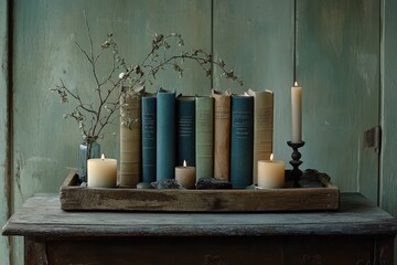 Rustic book display with candles and dried branches.