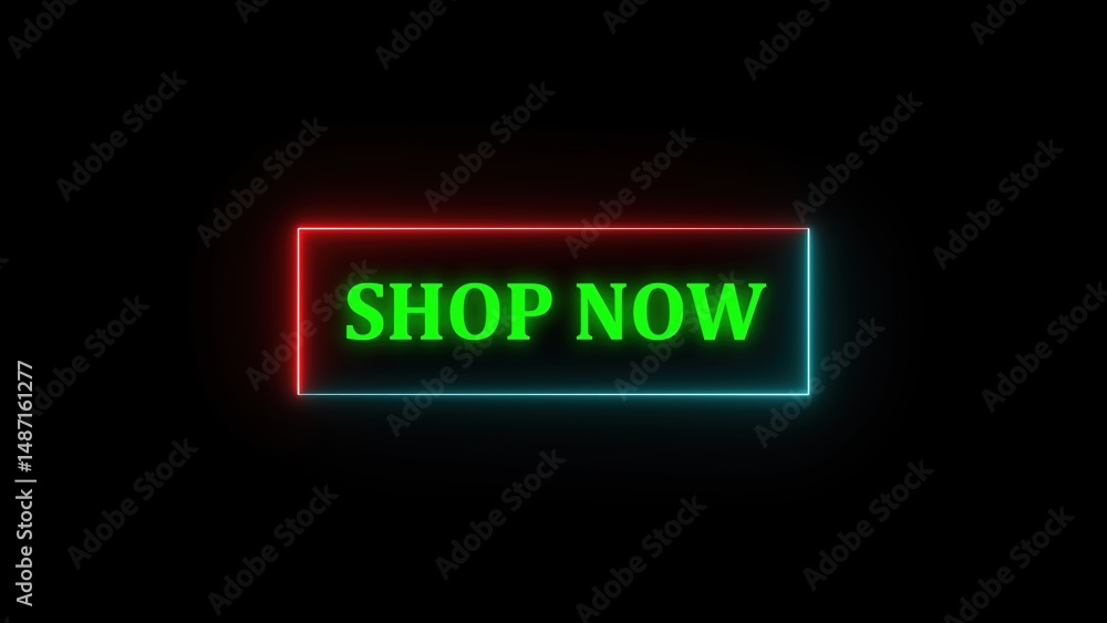 Poster vibrant neon sign featuring shop now text glowing within a modern rectangular frame illuminated with