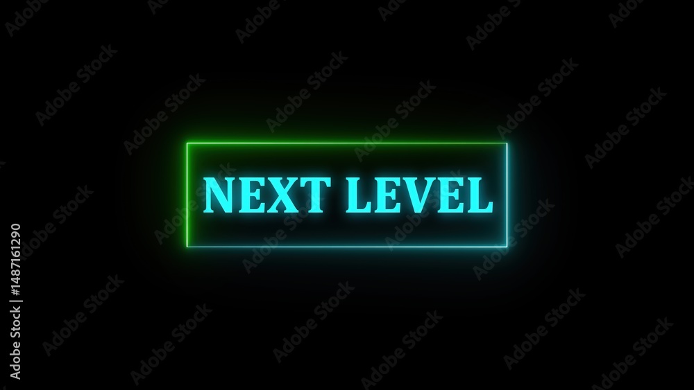 Poster modern neon illuminated text graphic that displays the phrase next level against a black background 