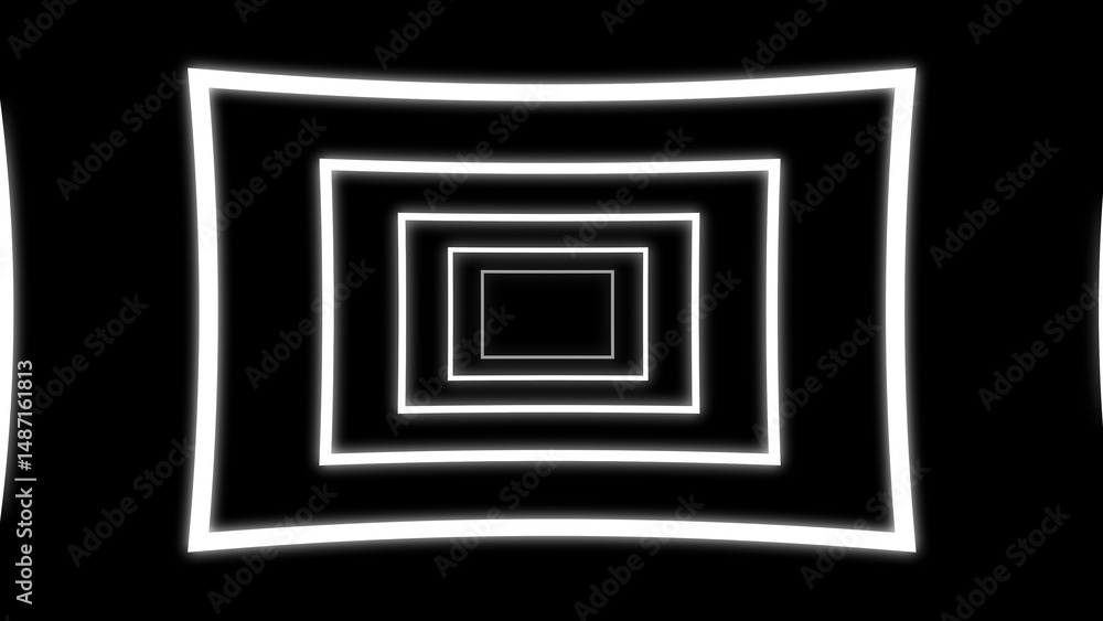 Poster abstract perspective of glowing white rectangles on a black background, creating an optical illusion