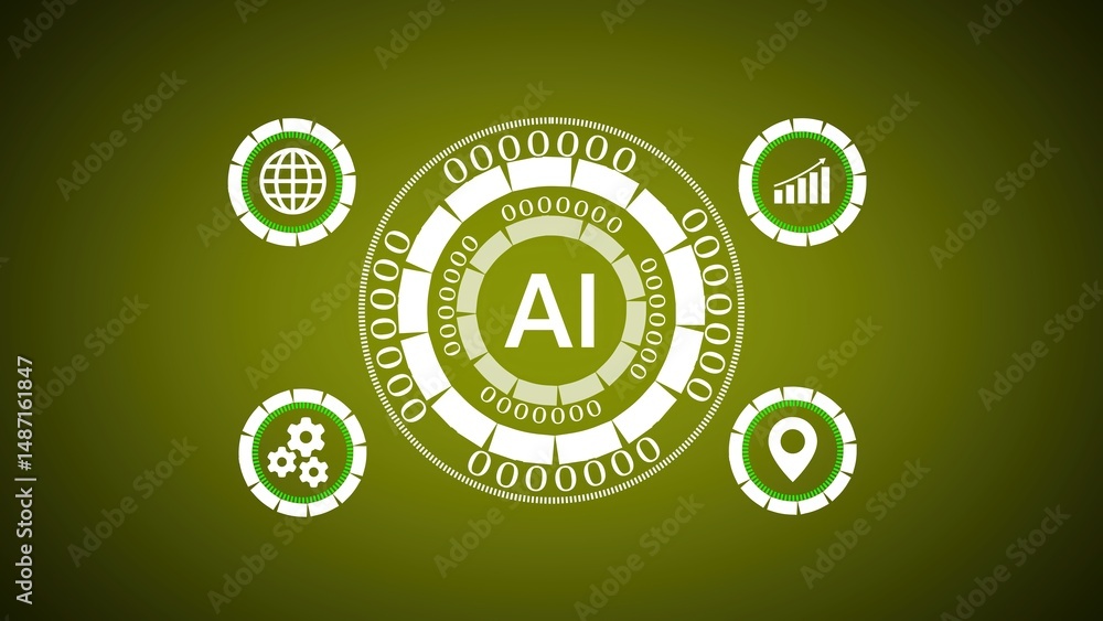 Poster conceptual ai illustration showcasing data processing and technological progress with integrated glo