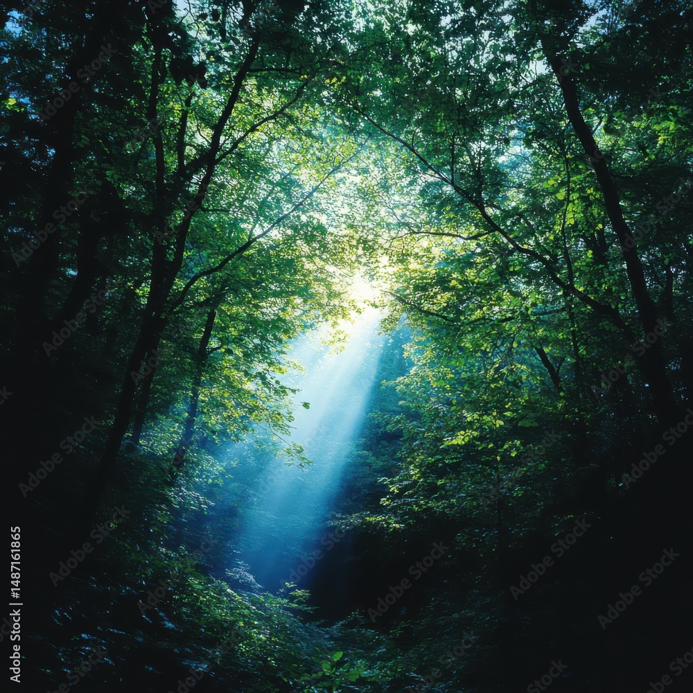 Aufkleber sunlight filtering through trees enchanted forest nature scene serene environment low angle view nat