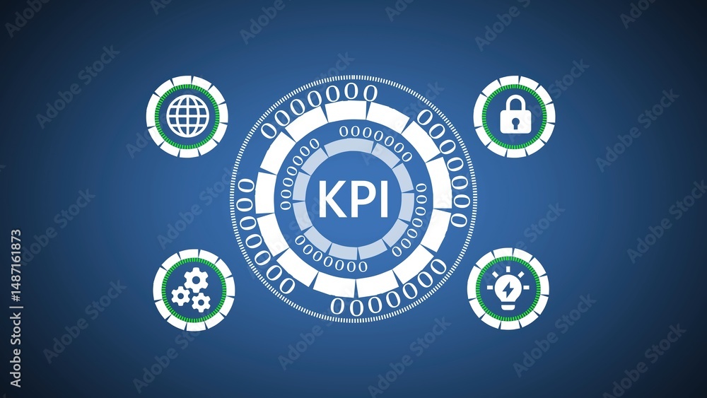 Poster a modern digital illustration depicting key performance indicators with icons around a central kpi i