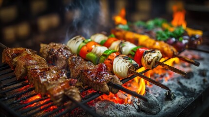 Delicious grilled meat and colorful vegetables sizzling on a barbecue over glowing coals, flames licking the skewers with rich, smoky aroma.