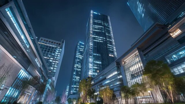 Modern illuminated cityscape of osaka at night with glowing skyscrapers and vibrant urban lights reflecting on wet streets