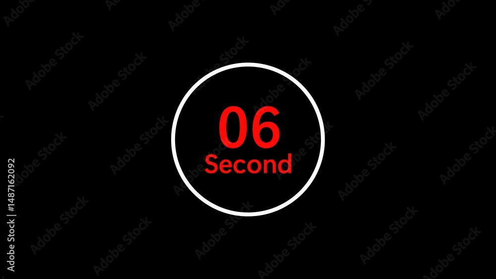 Poster digital countdown timer displaying six seconds remaining with white circle and red text on a black b