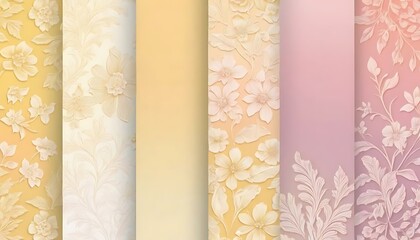 Elegant floral patterns in soft pastel hues present a textured, embossed botanical aesthetic design.