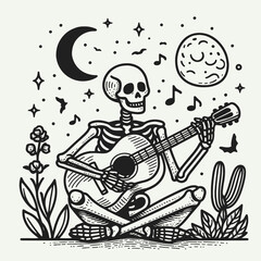 Skeleton playing spooky music on a guitar. Halloween Skull Bones Anatomy Skeletal Clipart Line Art Vector Illustration. Bony figure strumming eerie tune six-string for chilling celebration.