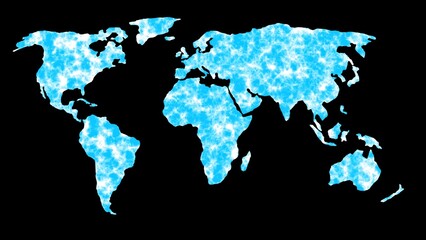 World map silhouette featuring cloud-like textures on a black background illustrating global concepts and international topics.