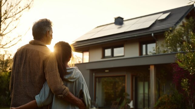 Father and daughter embrace outdoors as they admire their green home, sunlight casting a glow on the solar panels above.