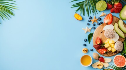 Fresh Tropical Fruit Arrangement on Light Blue Background