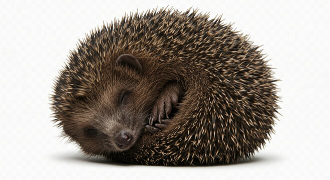 Serene Slumber: A Close-Up Depiction of a Hedgehog Curled in Peaceful Sleep on an Isolated White Backdrop for Creative Projects