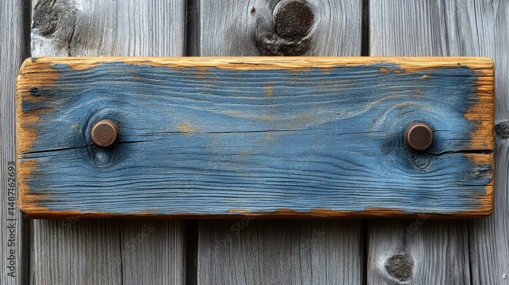 Poster blue-painted wooden plank with metal rivets on a weathered gray wood surface. use it as a background