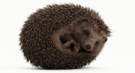 Captivating close-up captures a serene hedgehog curled up in a restful sleep against a spotless white background showcasing its adorable features