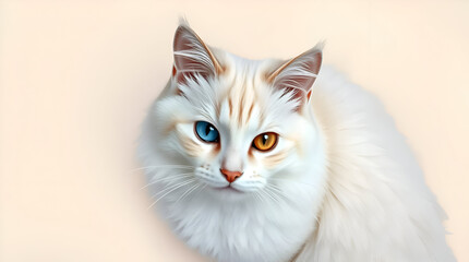 Fototapeta premium Elegant Turkish Angora Cat with Heterochromia — Sharp White Fur on Pastel Abstract Background, Generative AI