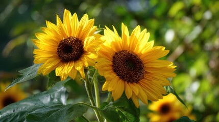 Fototapeta premium Beautiful sunflowers blooming in a lush garden setting with vibrant yellow petals and rich brown centers against a soft bokeh background of green foliage