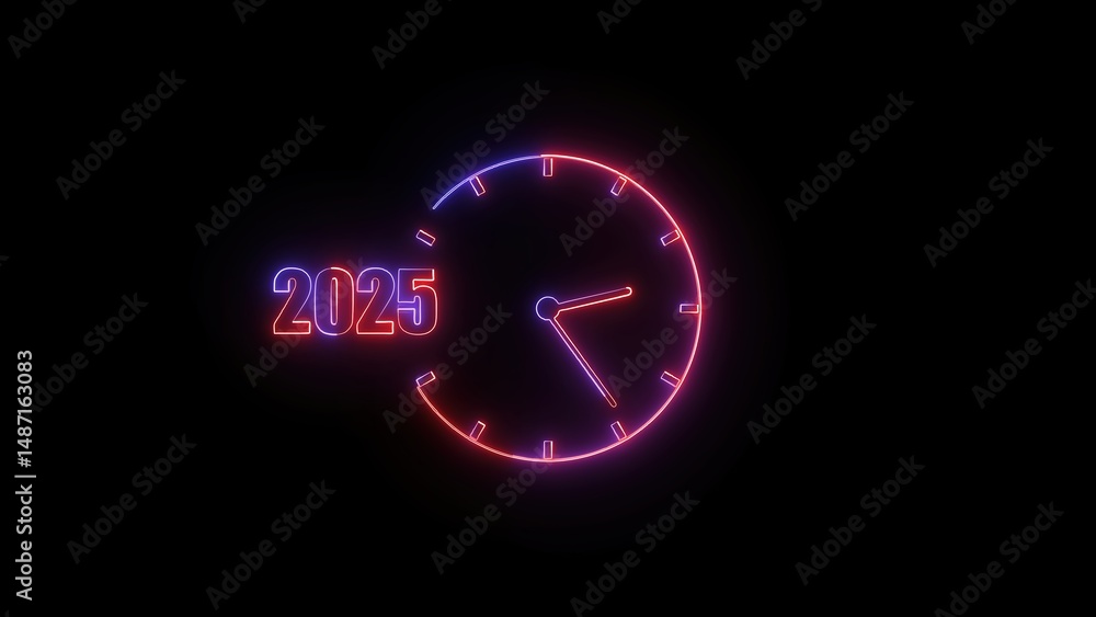 Aufkleber a futuristic neon clock design displaying the year 2025 on a black background representing time and 