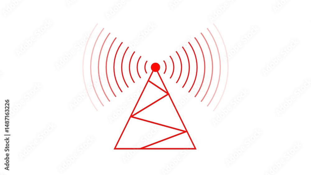 Aufkleber minimalist illustration of a red radio tower with signal waves on a white background representing wi