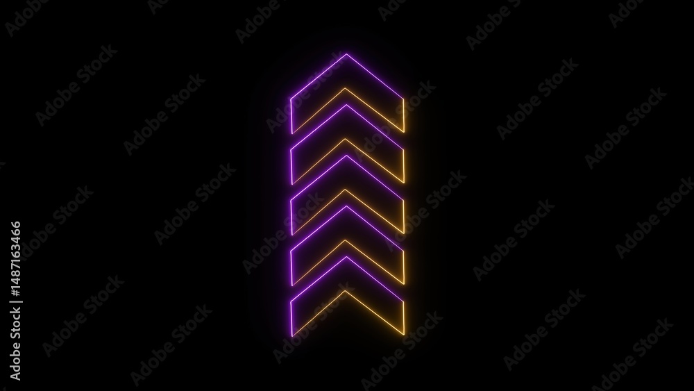 Poster abstract neon arrows pointing upwards on a black background representing progress direction and futu