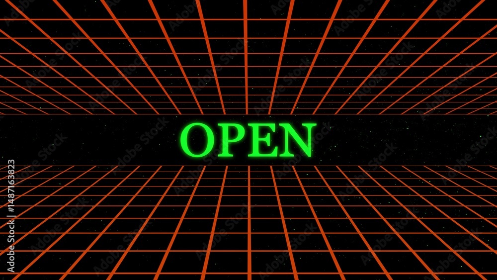 Poster retro style grid and the word open in neon green against a black background symbolizing business ava