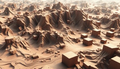 Abstract futuristic landscape with cubic formations, brown tones, arid