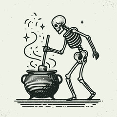 Skeleton stirring a cauldron. Halloween Skull Bones Anatomy Skeletal Clipart Line Art Vector Illustration. Bony figure brewing potion witchcraft imagery theme creepy object.