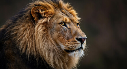 Fototapeta premium Majestic lion portrait showcasing the intricate details of its golden mane and piercing gaze against a darkened backdrop enhancing its regal presence