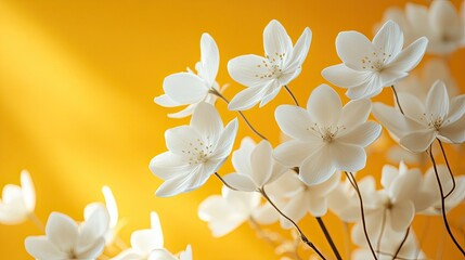 Naklejka premium Elegant Floral Arrangement: White flowers in a yellow background, offering a visual treat for artistic needs.