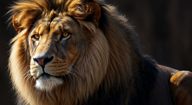 Magnificent male lion portrait showcasing its golden mane and compelling gaze, embodying power, majesty, and the wild essence of African wildlife