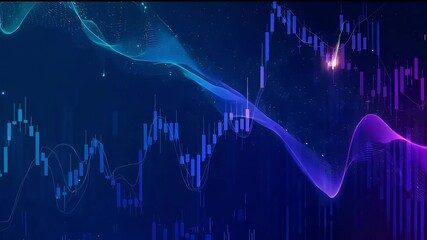 Abstract digital candlestick chart and neon data wave in futuristic financial market background - Powered by Adobe