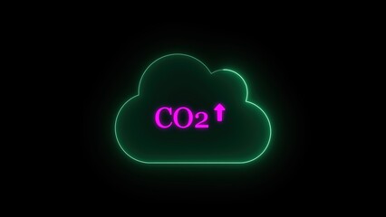 A neon green cloud illustration with co2 and an upward arrow indicating rising carbon dioxide levels on a black background.