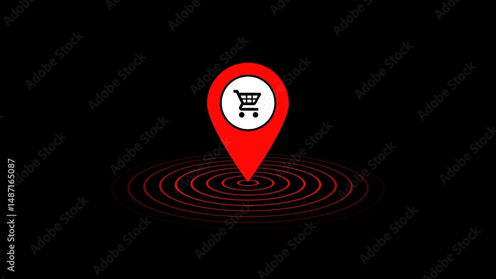 Poster e-commerce shopping location concept illustrating a shopping cart icon within a red location marker 