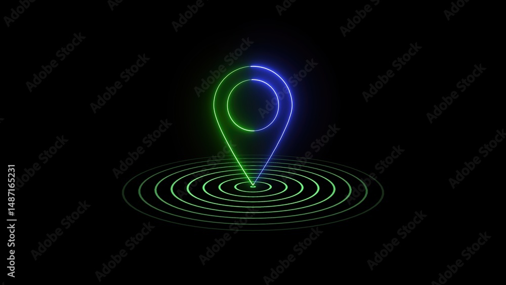 Poster glowing neon location pin icon on dark background emitting energy displaying geographic position and