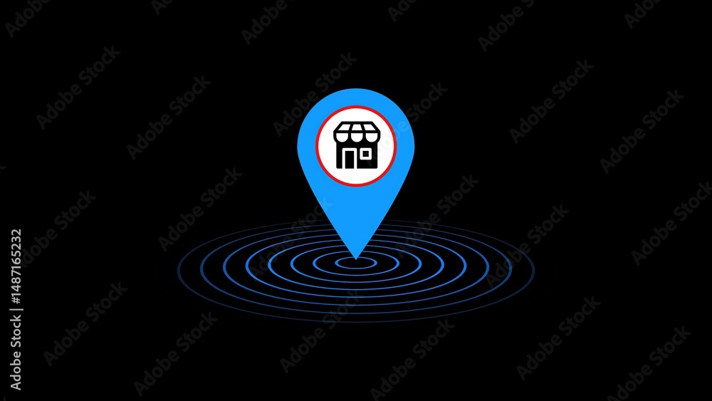 Poster blue location pinpoint symbolizing a shop or store and its geographic presence with concentric circl