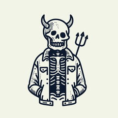 Skeleton wearing a devil costume. Halloween Skull Bones Anatomy Skeletal Clipart Line Art Vector Illustration. Bony fiend avatar spooky attire infernal themed grotesque.