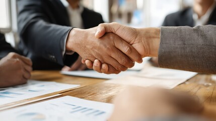 Obraz premium Professionals engaged in a strategic planning session, ending with a handshake that seals the mutual agreement.